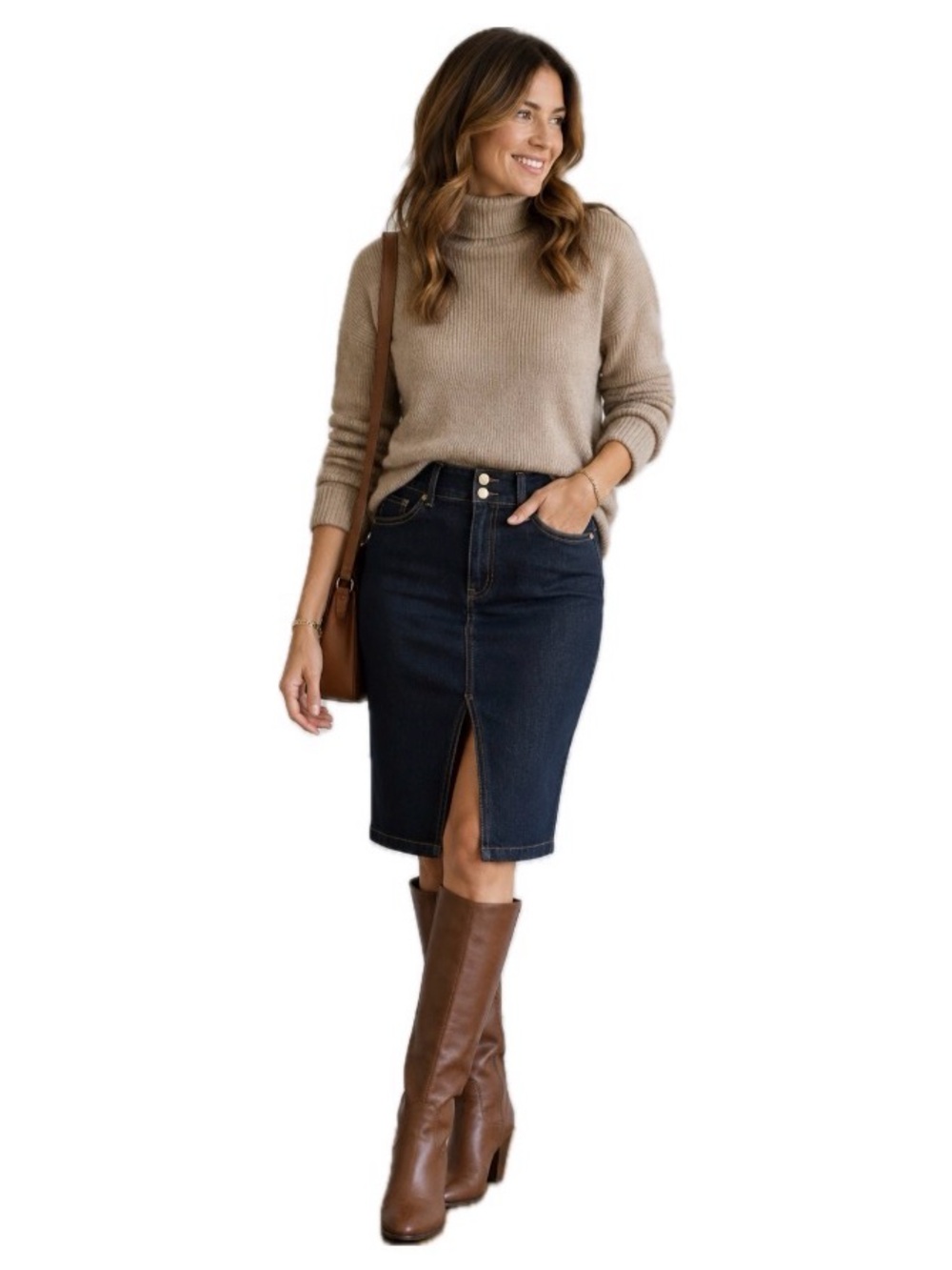 Lands End dark denim pencil skirt front slit two button stitching plus-…